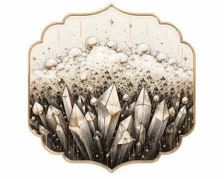 Gold ornate emblem with intricate floral design. Luxury decorative crest for branding and high-end packaging.
