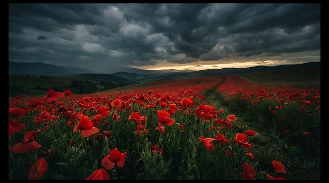 A vast field of vibrant red poppies blooming under a dramatic dark stormy sky at sunset