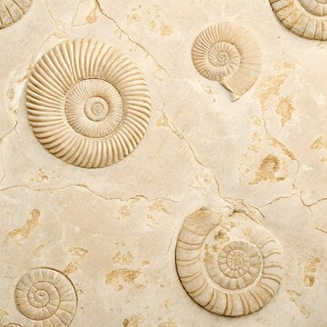 Ancient ammonite fossils embedded in natural limestone rock surface background