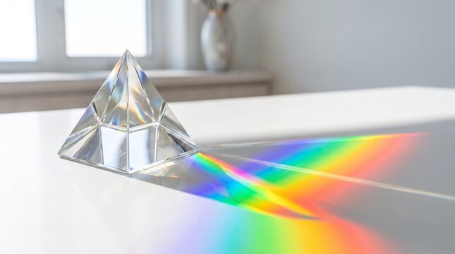 Glass pyramid prism sits on a white reflective surface and splits a beam of light into a vibrant rainbow spectrum to demonstrate the scientific principles of color dispersion and optical refraction.