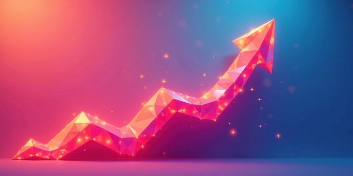 Abstract upward trending polygonal arrow graphic design element with vibrant color gradient and sparkling lights