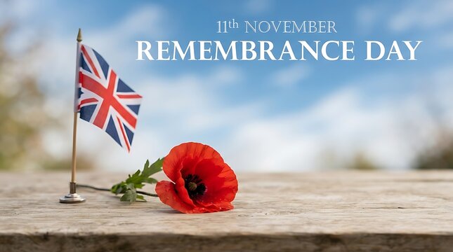Remembrance day background with a red poppy flower and a british flag on a wooden table surface
