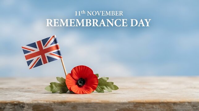 Remembrance day background with a red poppy flower and a british flag against a blue sky