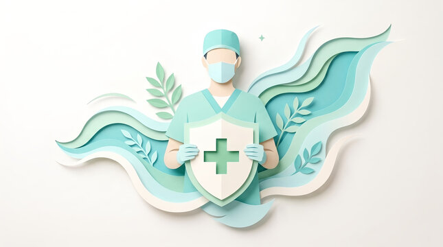 Medical Protection and Healthcare Security Concept: Doctor Holding Medical Cross Shield, Minimalist 3D Paper Cut Illustration