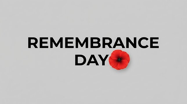 Remembrance day text with a red poppy flower symbol on a simple light grey background