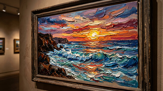 An oil painting displaying a vibrant sunset over rocky ocean waves hanging inside a quiet museum gallery space for visitors to observe the textured brushwork during a peaceful afternoon tour