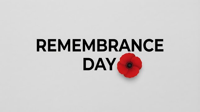 Remembrance day text with a red poppy flower symbol isolated on a light grey background