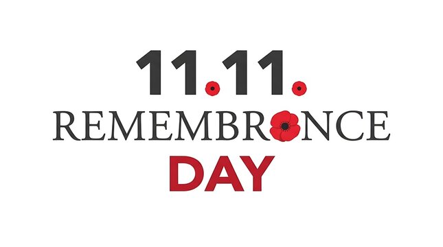 Remembrance day text design with a red poppy flower symbol isolated on a white background