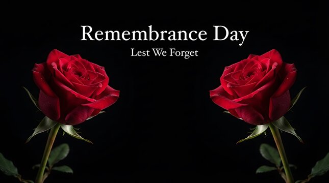 Remembrance day background with two red roses and the text lest we forget on a black background