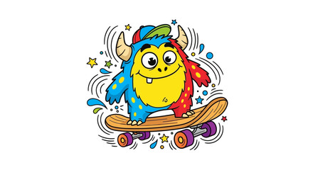 Naklejka premium Cute Monster Skating with Colorful Swirls and Stars