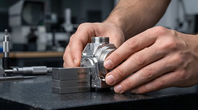 Precision quality control inspection of a machined metal part.
