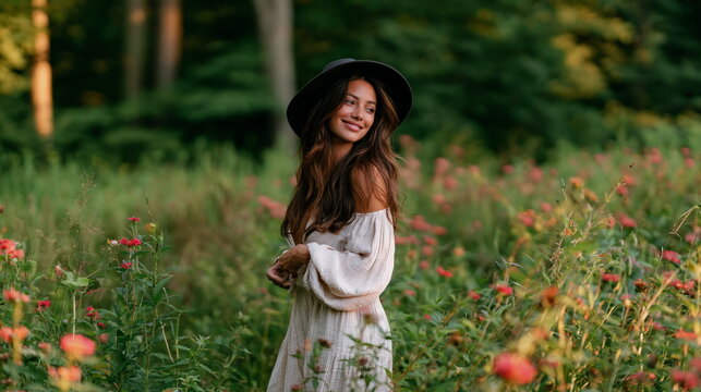 Confident Woman in Wide-Brimmed Hat Seated on Rustic Porch, Bathed in Warm Sunlight, Exuding Grace and Poise