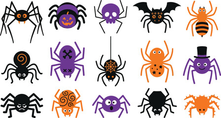 Fototapeta premium Set of cute cartoon spiders for halloween decoration and festive party design elements on white background