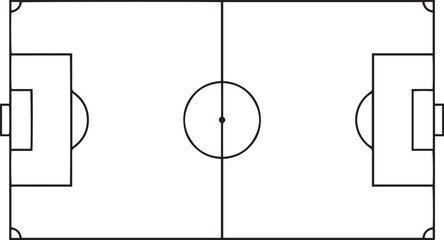 Top view schematic diagram of a professional soccer field layout with markings and center circle © Creative Corner