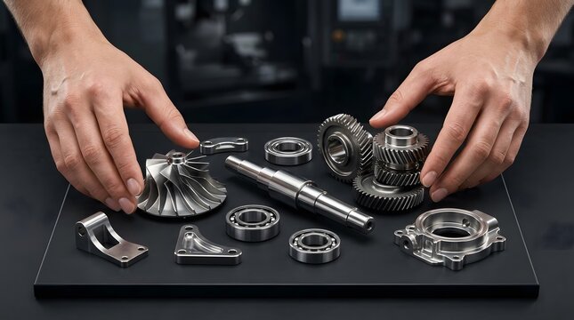 Engineer inspecting precision metal mechanical parts on a workbench.