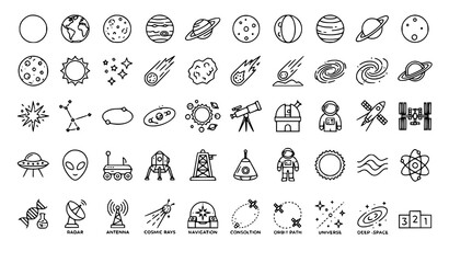 Set of hand drawn space and astronomy icons featuring planets stars astronauts rockets and scientific equipment © Mdarman