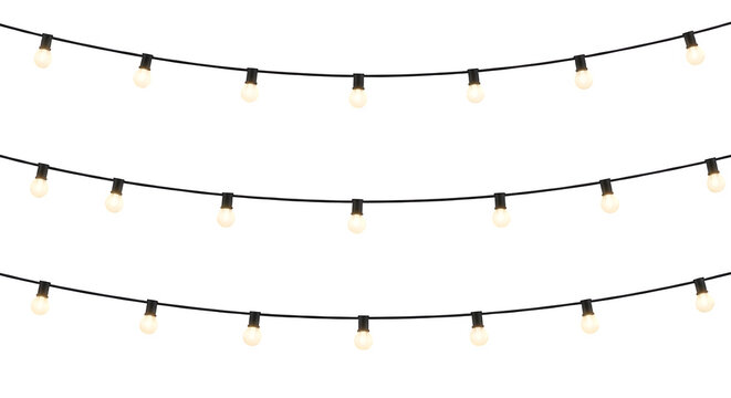 Decorative hanging string light bulbs set on a isolated transparent background for festive party celebration and atmospheric holiday illumination design