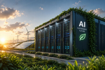 Fototapeta premium Futuristic Sustainable Future AI Data Center Powered by Renewable Energy with Green Architecture and Smart Infrastructure