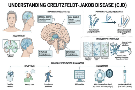 Creutzfeldt Jakob Disease infographic explaining prion disorder symptoms diagnosis and neurological degeneration visually.