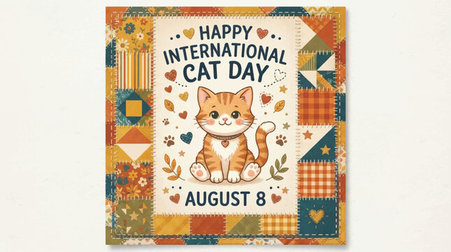 International Cat Day greeting card with cute ginger kitten, August 8 celebration poster, patchwork quilt border with hearts and floral patterns