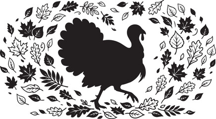 Fototapeta premium Black and white silhouette of a turkey surrounded by a decorative wreath of autumn fall leaves