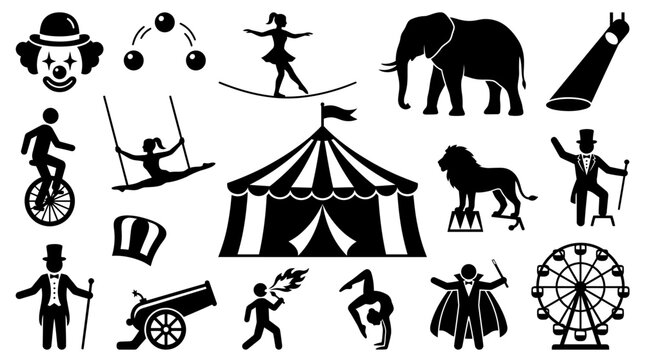 Circus silhouettes featuring clowns, performers, animals, and iconic attractions, capturing lively entertainment, spectacle, skill, and theatrical atmosphere in bold style