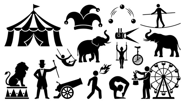 Circus silhouettes featuring performers, animals, and iconic symbols, emphasizing entertainment, spectacle, skill, and diverse acts in bold graphic style