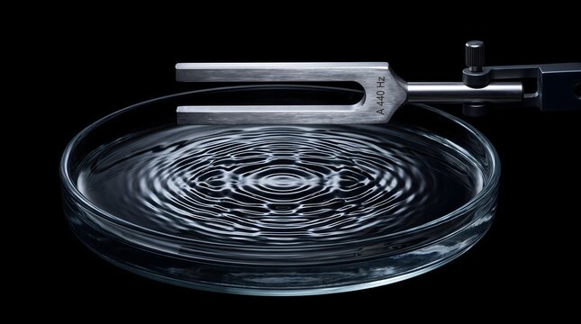 A vibrating metal tuning fork creates intricate standing wave patterns in liquid, a powerful metaphor for invisible resonance, harmony, and the tangible impact of subtle frequencies.