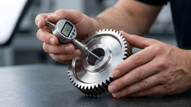 Engineer measuring metal gear precision with digital dial indicator gauge.