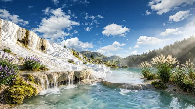 Breathtaking Scenery of White Travertine Terraces and Blue Mineral Hot Springs in a Sunny Valley