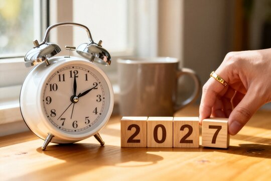 Hand changing wooden blocks to '2027' near alarm clock