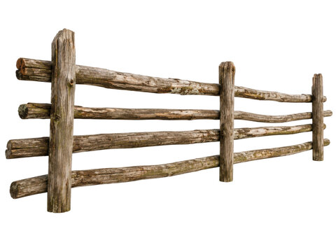 Rustic wooden fence made of rough logs and branches in aged brown tone isolated on transparent background.