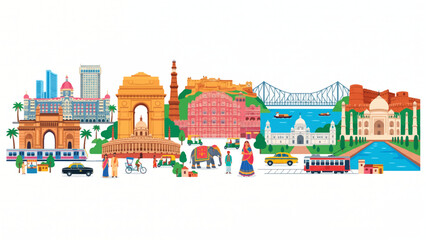 Fototapeta premium Indian skyline vector illustration with famous historical landmarks, cultural heritage monuments, and traditional symbols on a white background