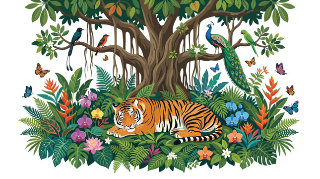 Illustration of a tiger resting peacefully under a large banyan tree surrounded by lush jungle foliage and colorful butterflies, celebrating conservation efforts