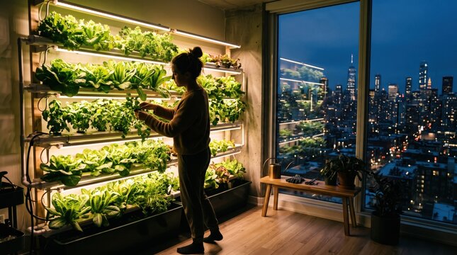 Person harvesting fresh lettuce from vertical hydroponic indoor garden system with grow lights at night overlooking illuminated city skyline through large window