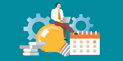 businessman sitting on light bulb flat vector illustration idea innovation calendar books gears workplace strategy planning productivity creativity thinking solution concept symbol icon © Ella