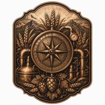 Vintage compass rose emblem with wheat and laurel wreath design. Antique navigation symbol for travel, exploration, and adventure themes in gold se...