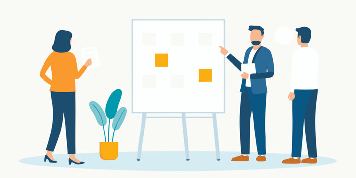 team brainstorming session flat vector illustration people collaboration discussion ideas whiteboard post it notes meeting workshop group interaction graphic design visual concept business office