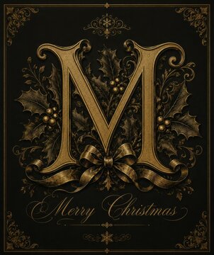 Elegant gold monogram M Christmas greeting card design. Ornate holiday letter initial with festive merry text for luxury invitations and branding.