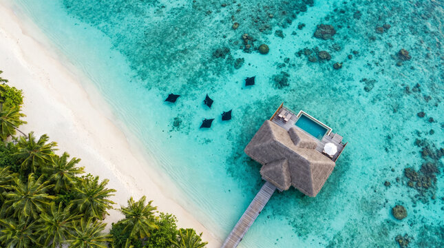 Aerial top view of manta rays swimming by luxury overwater villa in turquoise tropical lagoon