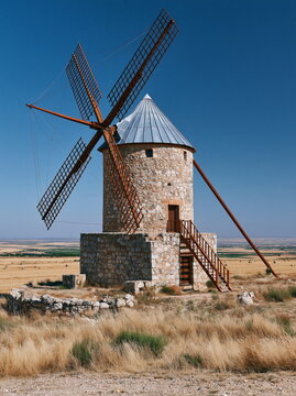 Rustic Molino de Viento Windmill Amidst Golden Wheat Fields Under a Clear Blue Sky, Radiating History and Tranquility of Spanish Heritage