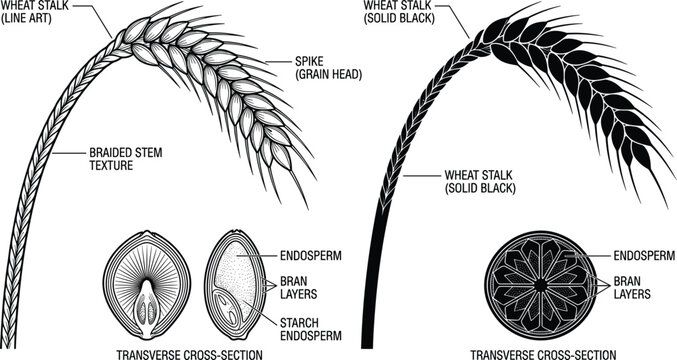 Botanical diagram of wheat stalk anatomy showing cross section of grain kernel layers endosperm and bran vector