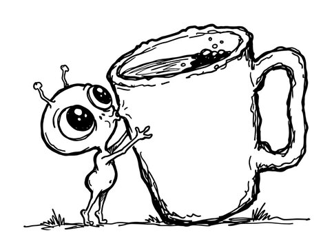 Hand Drawn black and white illustration of a cute little alien drinking from a giant coffee mug