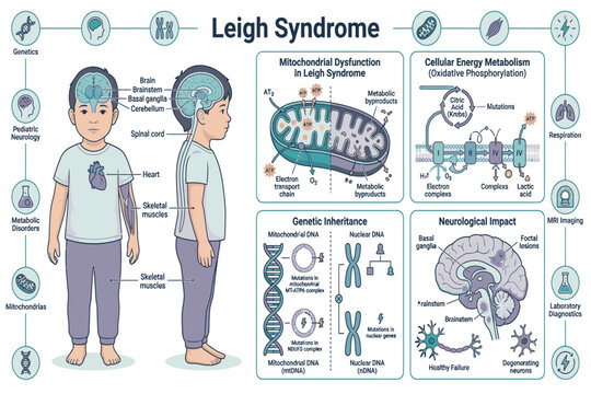 Leigh Syndrome medical infographic illustrating mitochondrial disorder, neurological symptoms, diagnosis, genetics, and treatment education effectively.