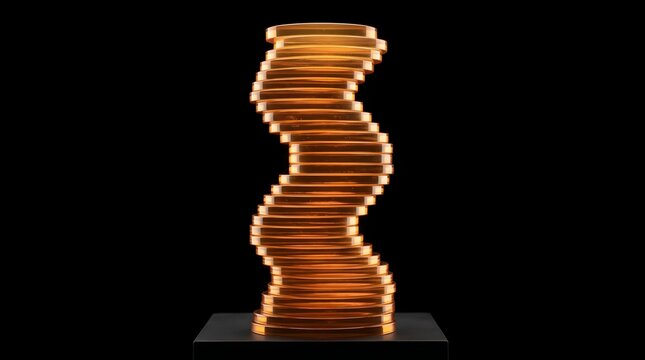 A precarious stack of glowing golden discs forms an undulating tower, serving as a striking metaphor for volatile financial markets and the delicate balance of economic growth.