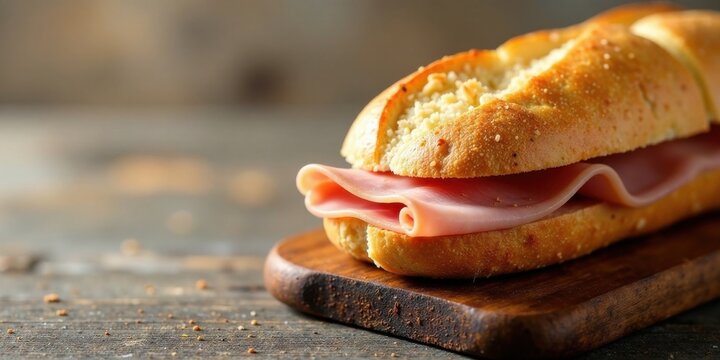 A delectable ham sandwich on a rustic wooden board, showcasing the artisan bread's texture and the delicate folds of the cured ham, a simple yet elegant culinary composition.