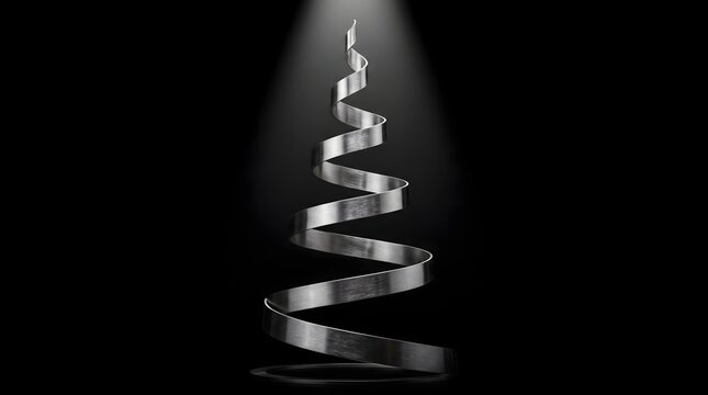 A metallic spiral rising into a sleek Christmas tree shape under a soft spotlight, symbolizing modern elegance, innovation, and the futuristic evolution of holiday traditions.