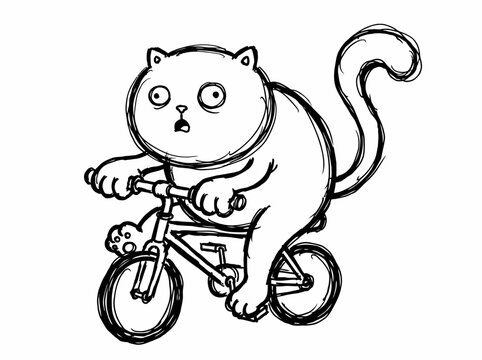 Hand Drawn Sketch of a Chubby Surprised Cat Riding a Small Bicycle in Minimalist Line Art Style
