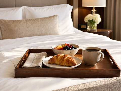 Centered cozy hotel breakfast tray with warm morning light