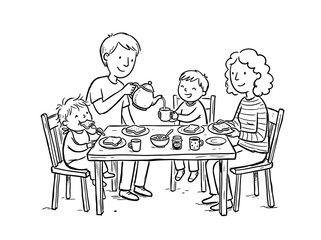 Fototapeta premium Hand Drawn sketch of a happy family sharing a morning meal together at the kitchen table including parents and two young children